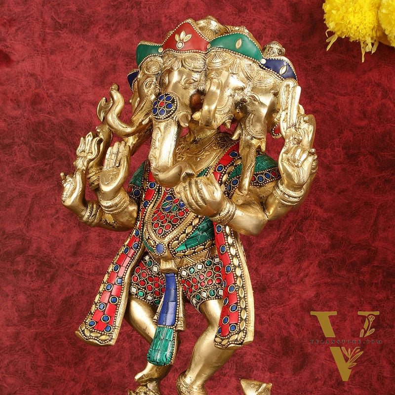 Brass Dancing Panchmukhi Ganesha Statue - 15 Inch with stonework