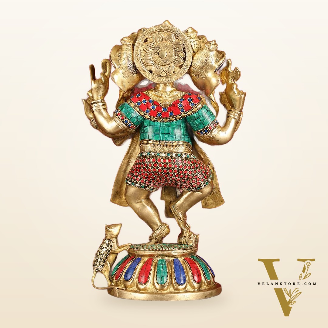 Brass Dancing Panchmukhi Ganesha Statue - 15 Inch with stonework