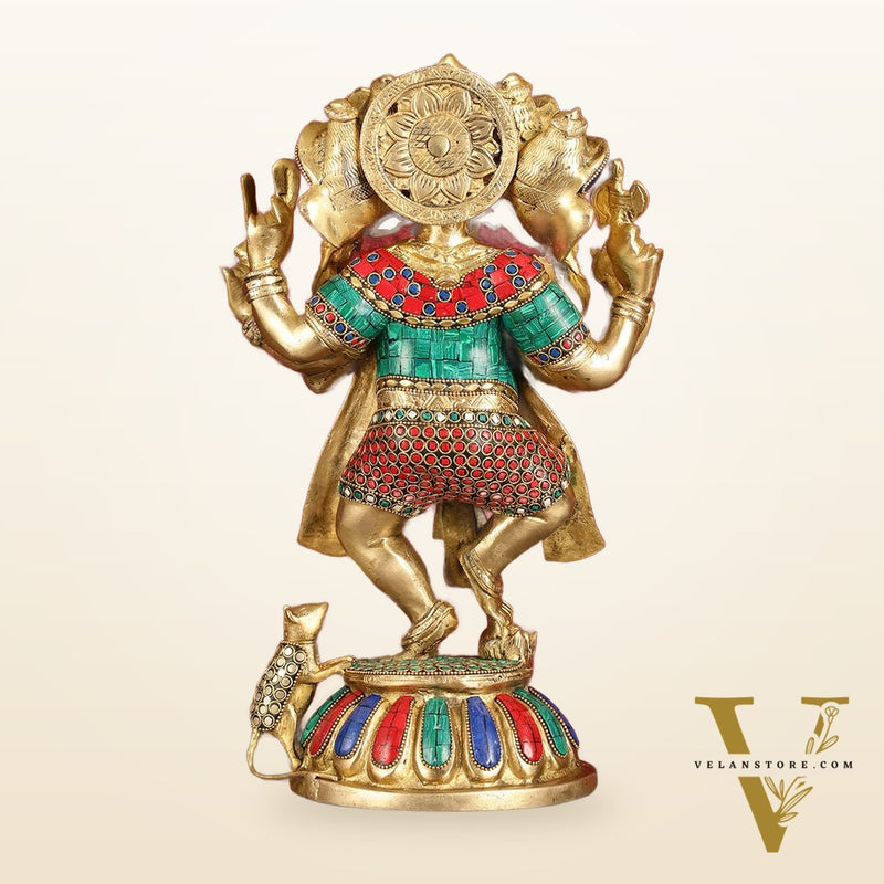 Brass Dancing Panchmukhi Ganesha Statue - 15 Inch with stonework