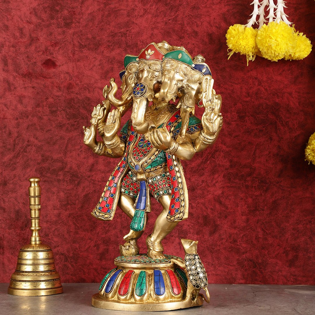 Brass Dancing Panchmukhi Ganesha Statue - 15 Inch with stonework