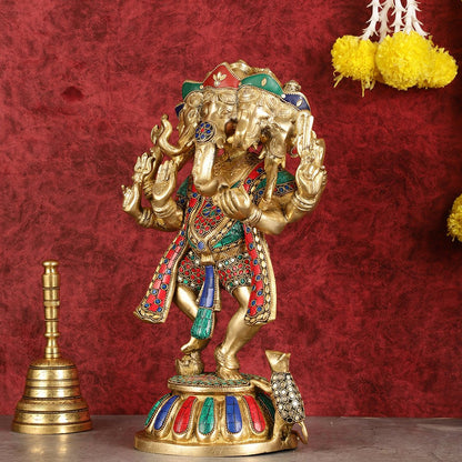 Brass Dancing Panchmukhi Ganesha Statue - 15 Inch with stonework
