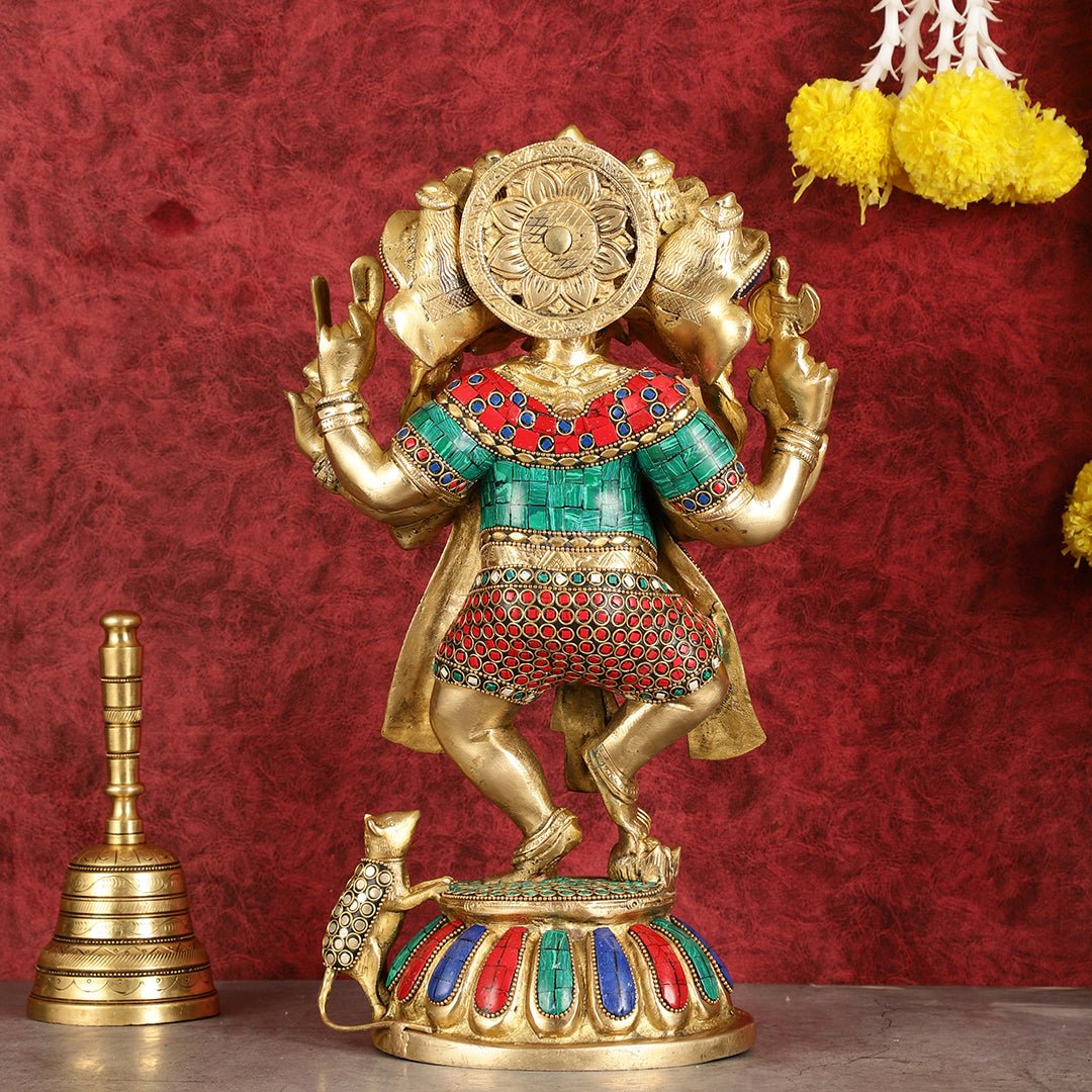 Brass Dancing Panchmukhi Ganesha Statue - 15 Inch with stonework