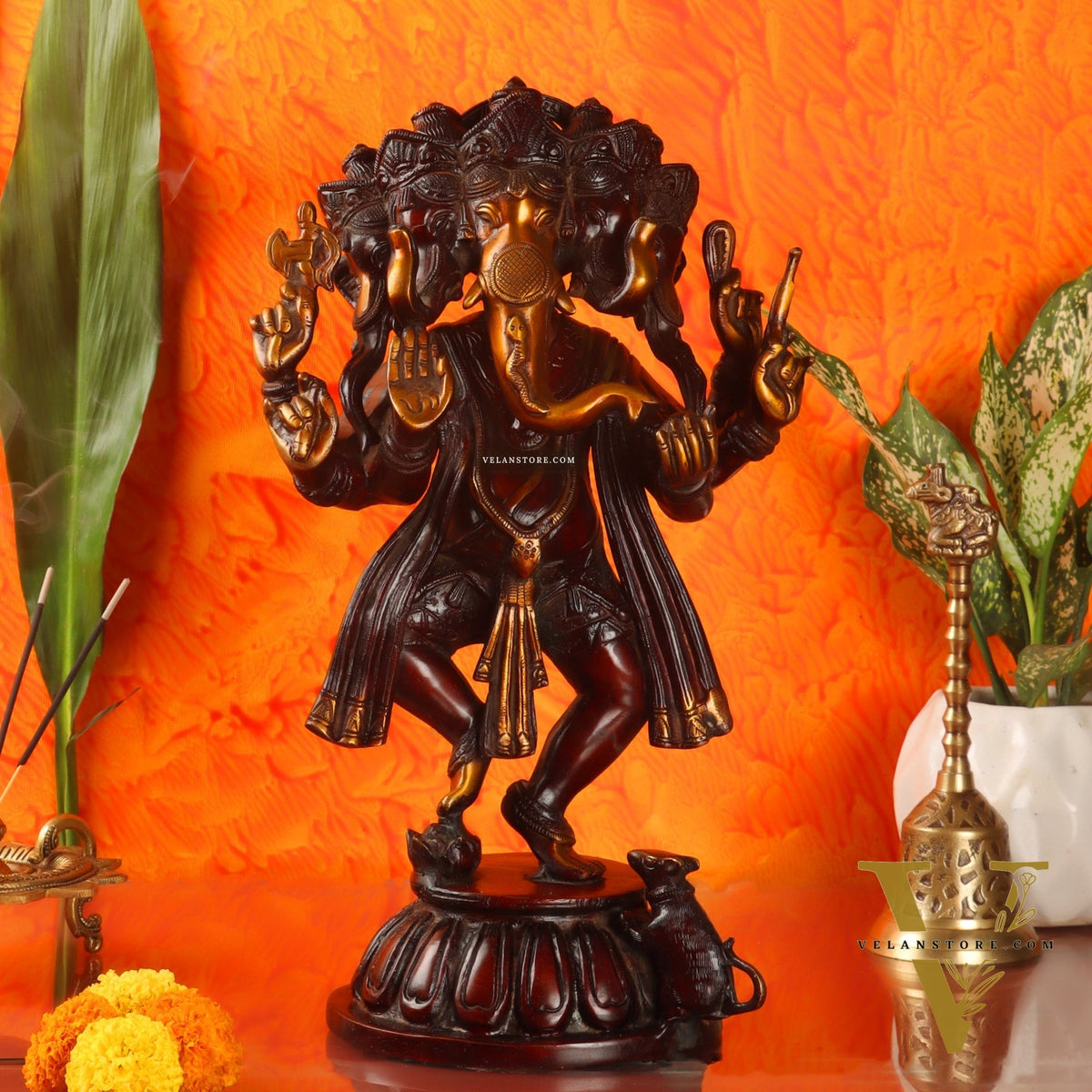 Brass Dancing Panchmukhi Ganesha Statue - 15 Inches