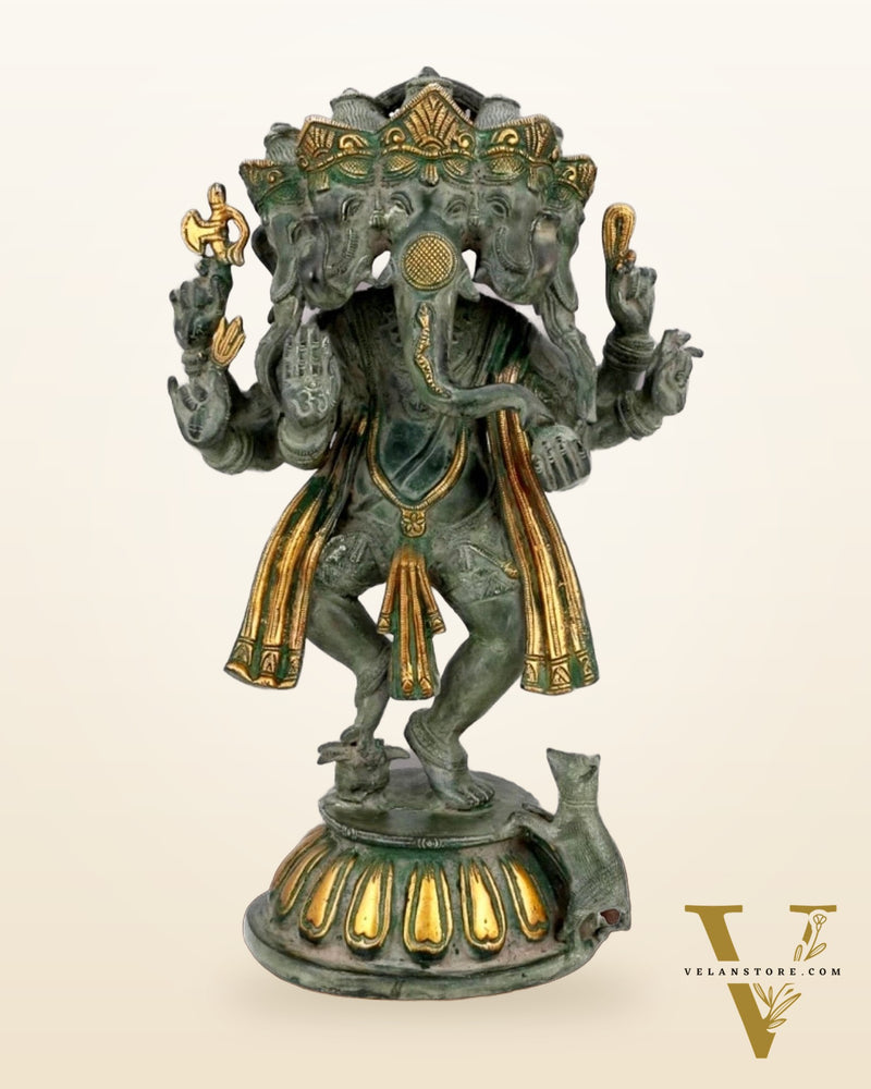 Brass Dancing Panchmukhi Ganesha Statue - 15 Inches