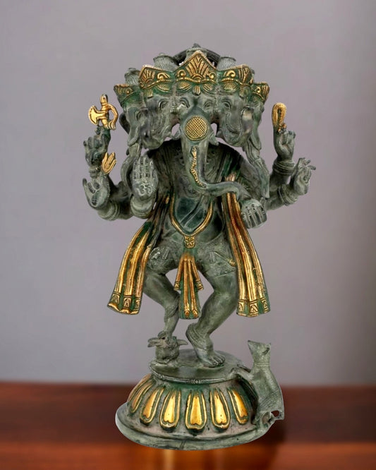 Brass Dancing Panchmukhi Ganesha Statue - 15 Inches