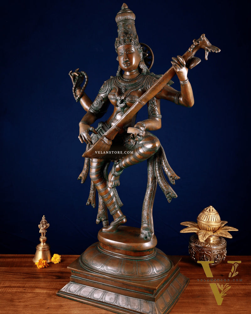 Brass Dancing Saraswati Idol 32" added copper