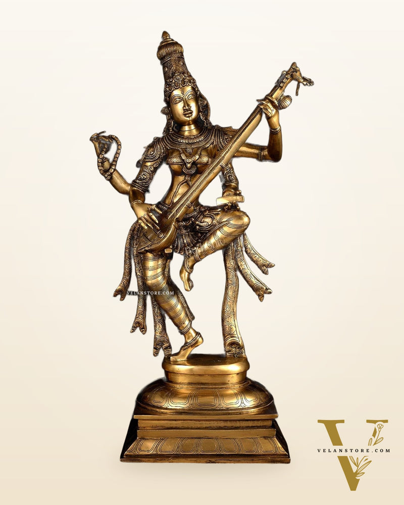 Brass Dancing Saraswati Idol 32"