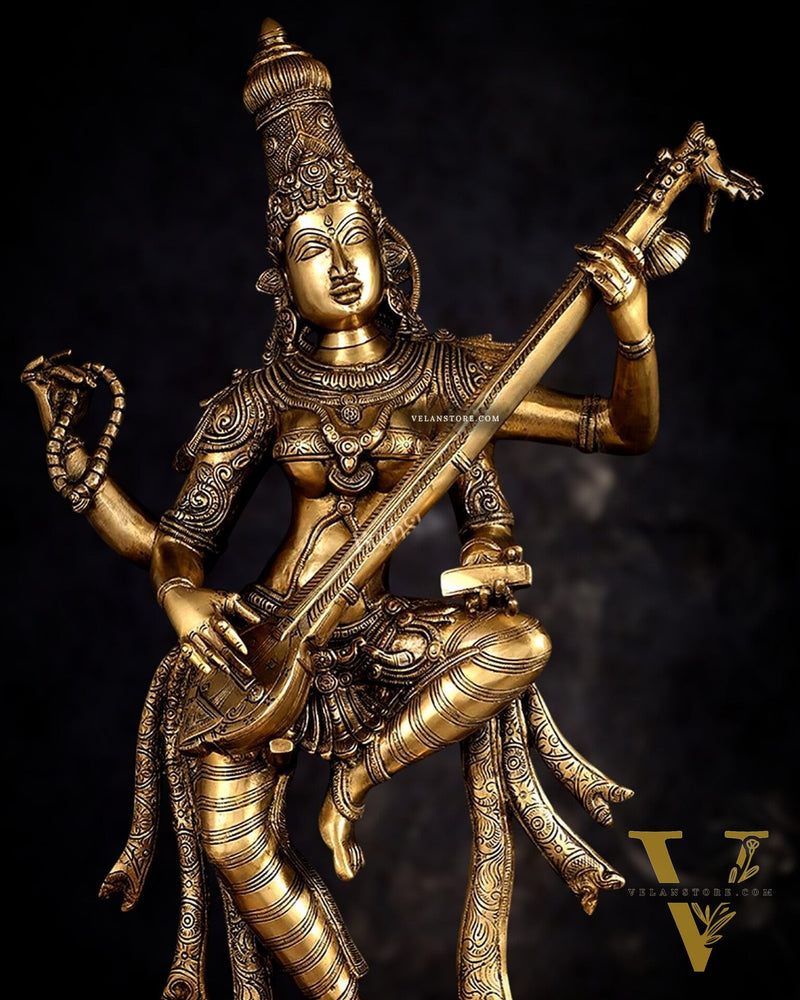 Brass Dancing Saraswati Idol 32"