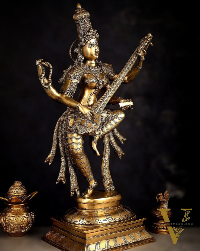 Brass Dancing Saraswati Idol 32"