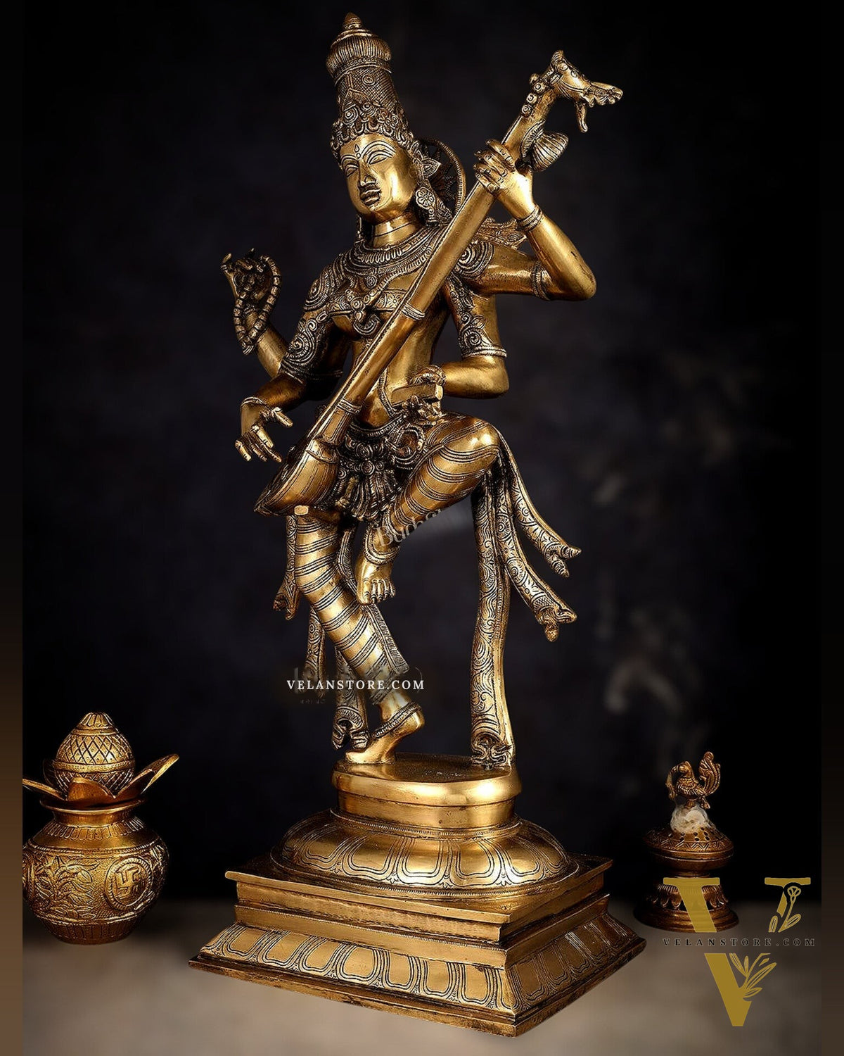 Brass Dancing Saraswati Idol 32"