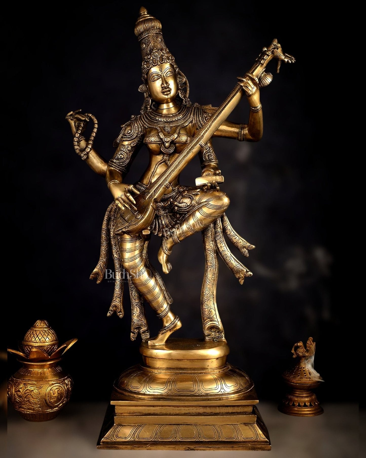 Brass Dancing Saraswati Idol 32"