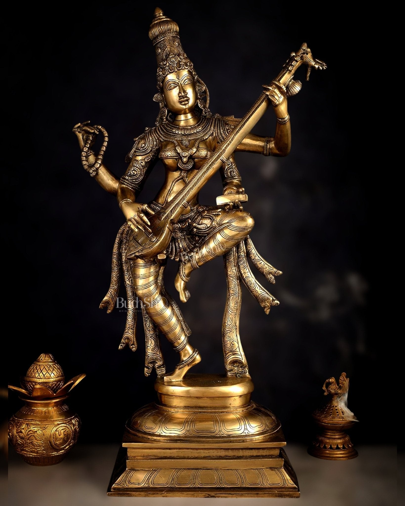 Brass Dancing Saraswati Idol 32"