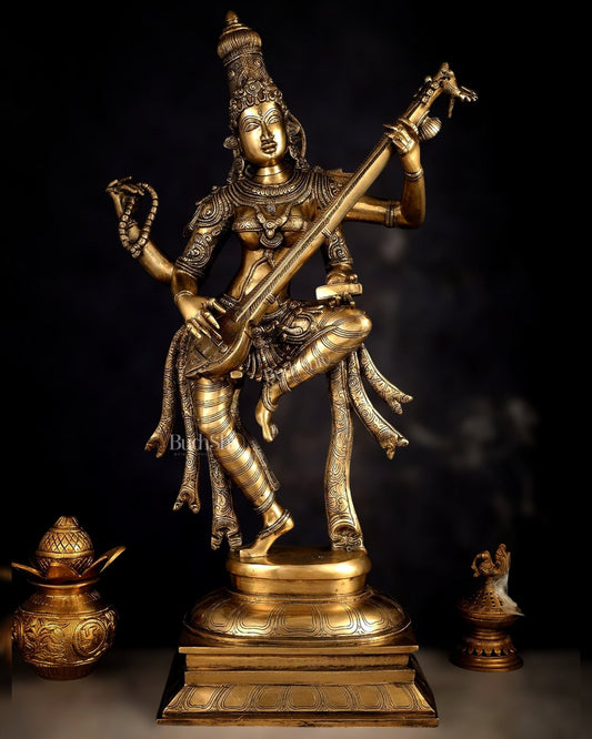 Brass Dancing Saraswati Idol 32"