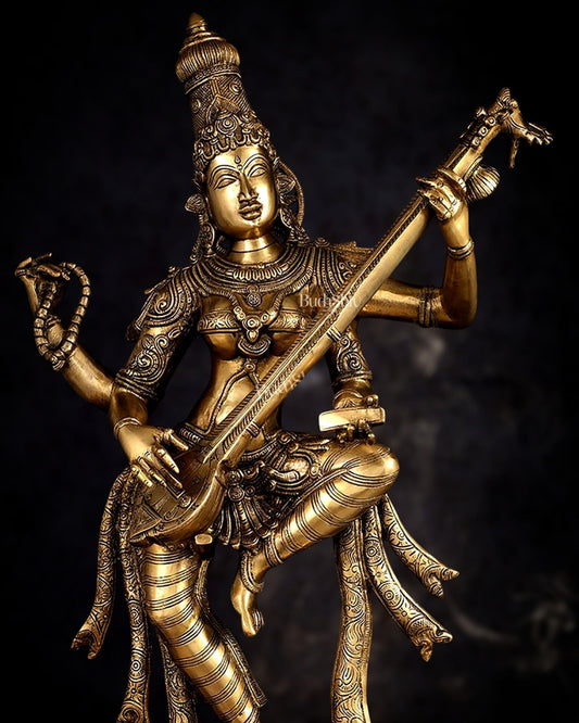 Brass Dancing Saraswati Idol 32"