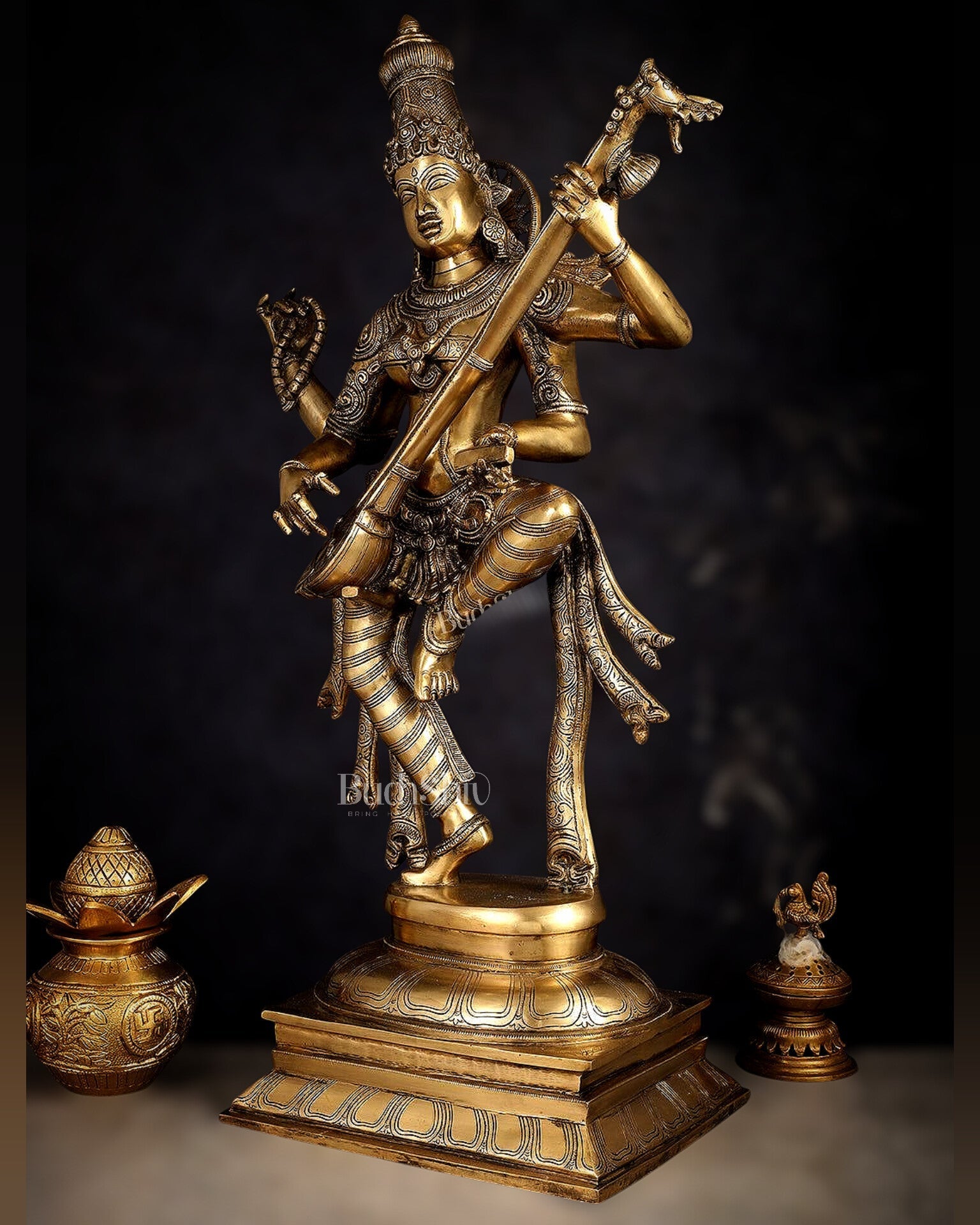 Brass Dancing Saraswati Idol 32"