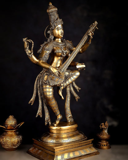 Brass Dancing Saraswati Idol 32"