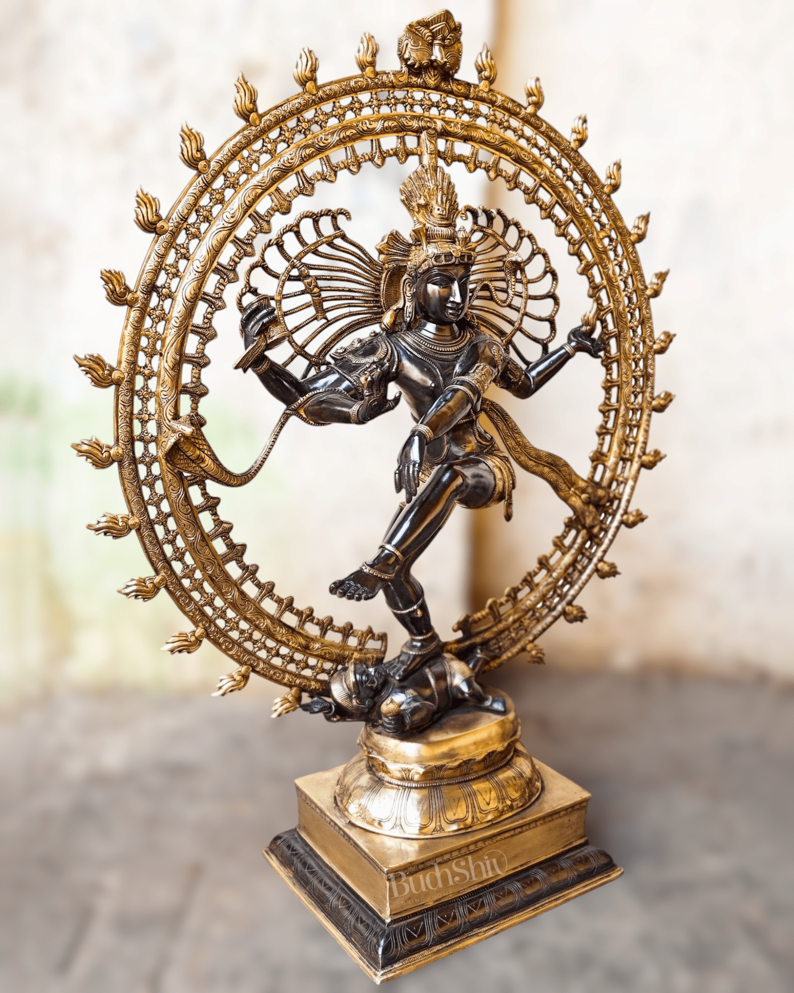 Brass Dancing Shiva as Nataraja Statue – Black & Gold Finish, 46.5 Inch