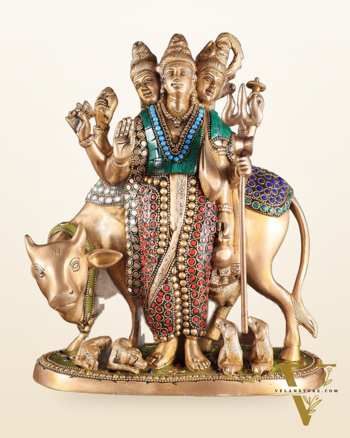 Brass Dattatreya Statue – 11" Tall with stonework