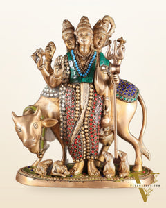 Brass Dattatreya Statue – 11" Tall with stonework