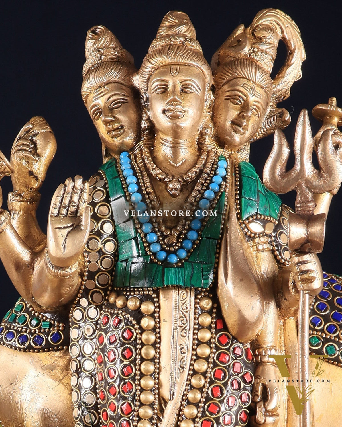 Brass Dattatreya Statue – 11" Tall with stonework