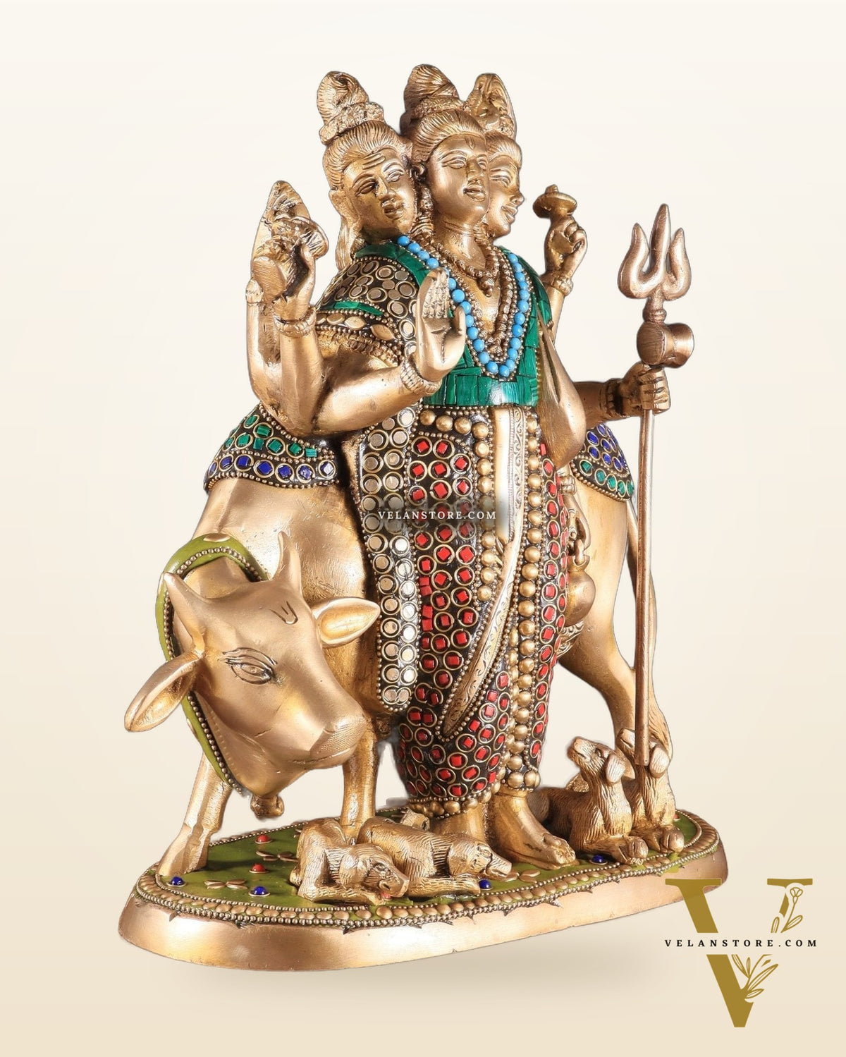 Brass Dattatreya Statue – 11" Tall with stonework