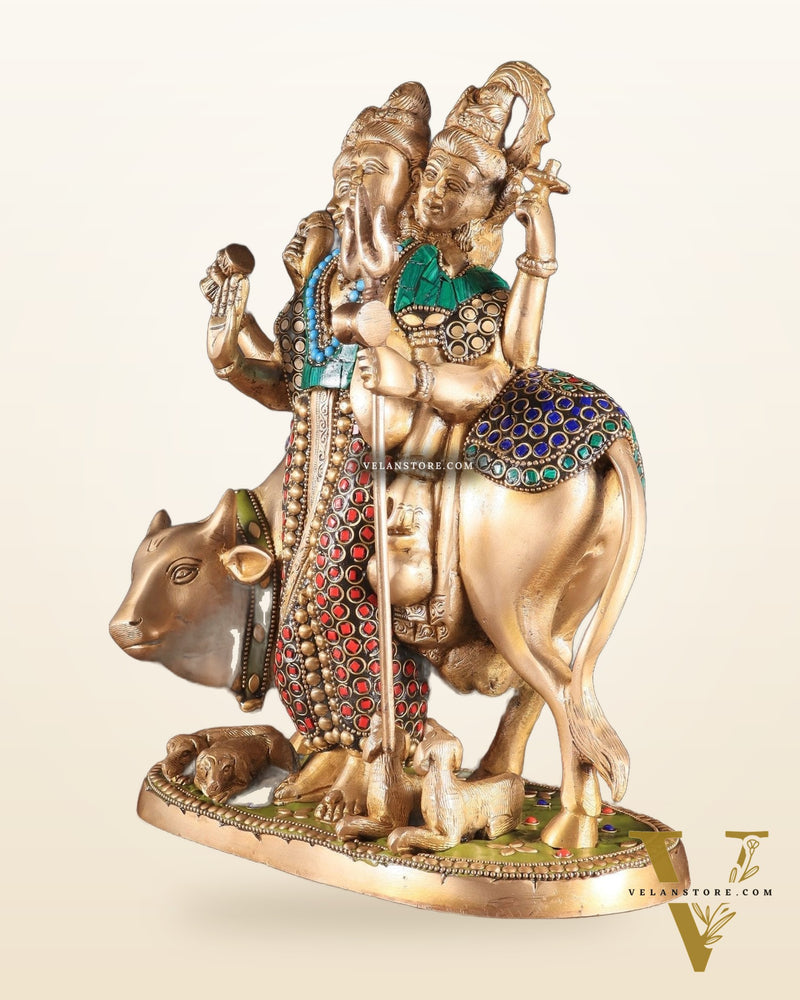 Brass Dattatreya Statue – 11" Tall with stonework