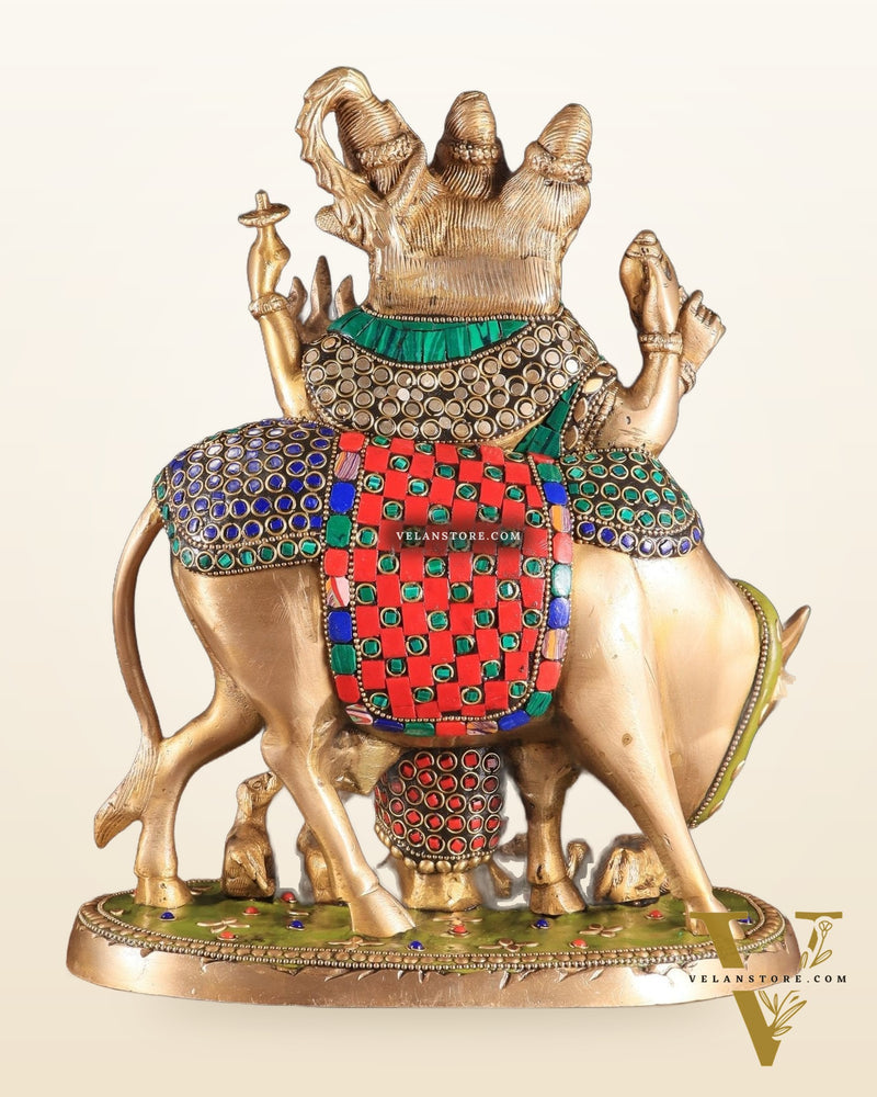 Brass Dattatreya Statue – 11" Tall with stonework
