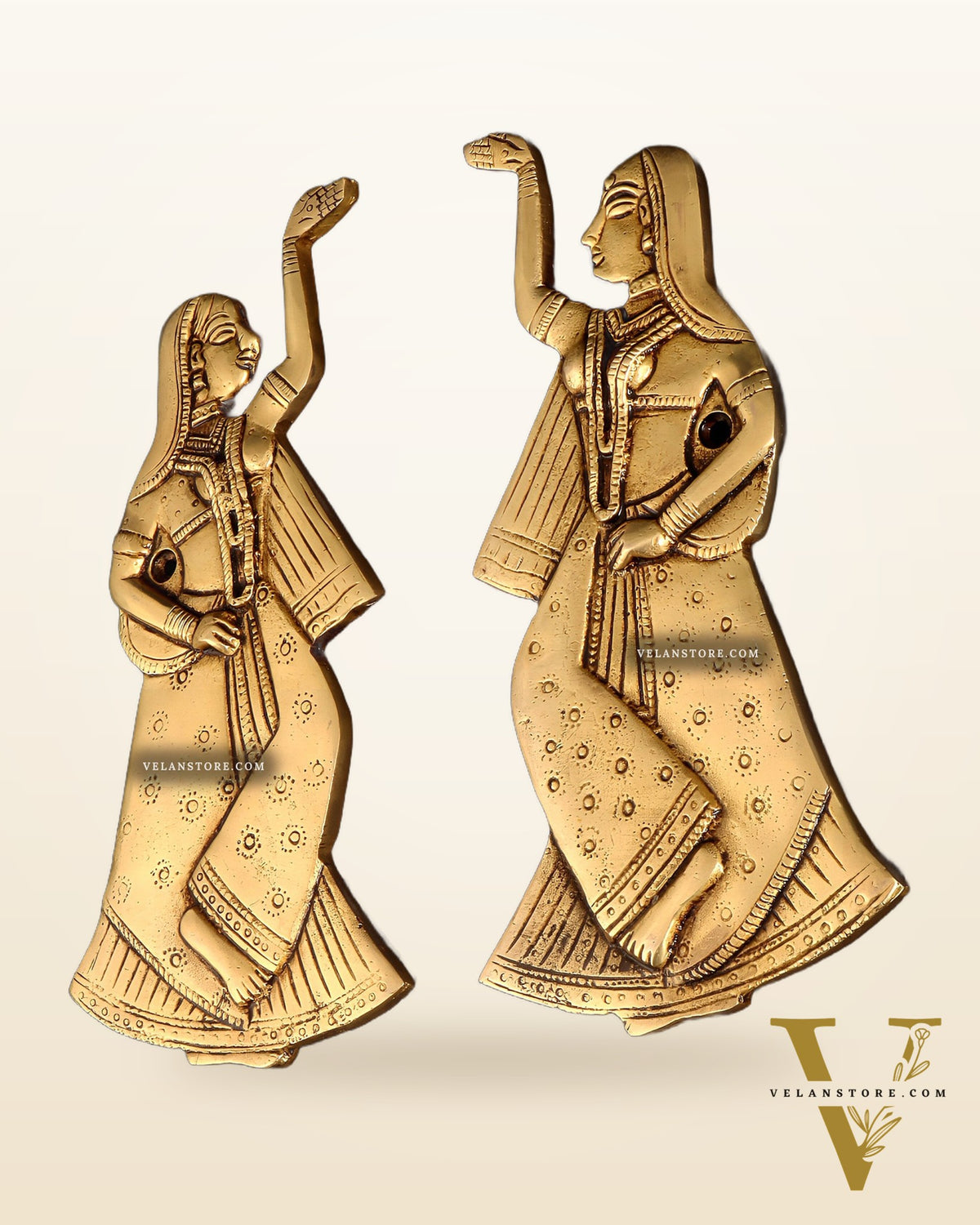 Brass Decorative Dancing Gopi Pair Wall Hanging – Graceful Divine Art 8"