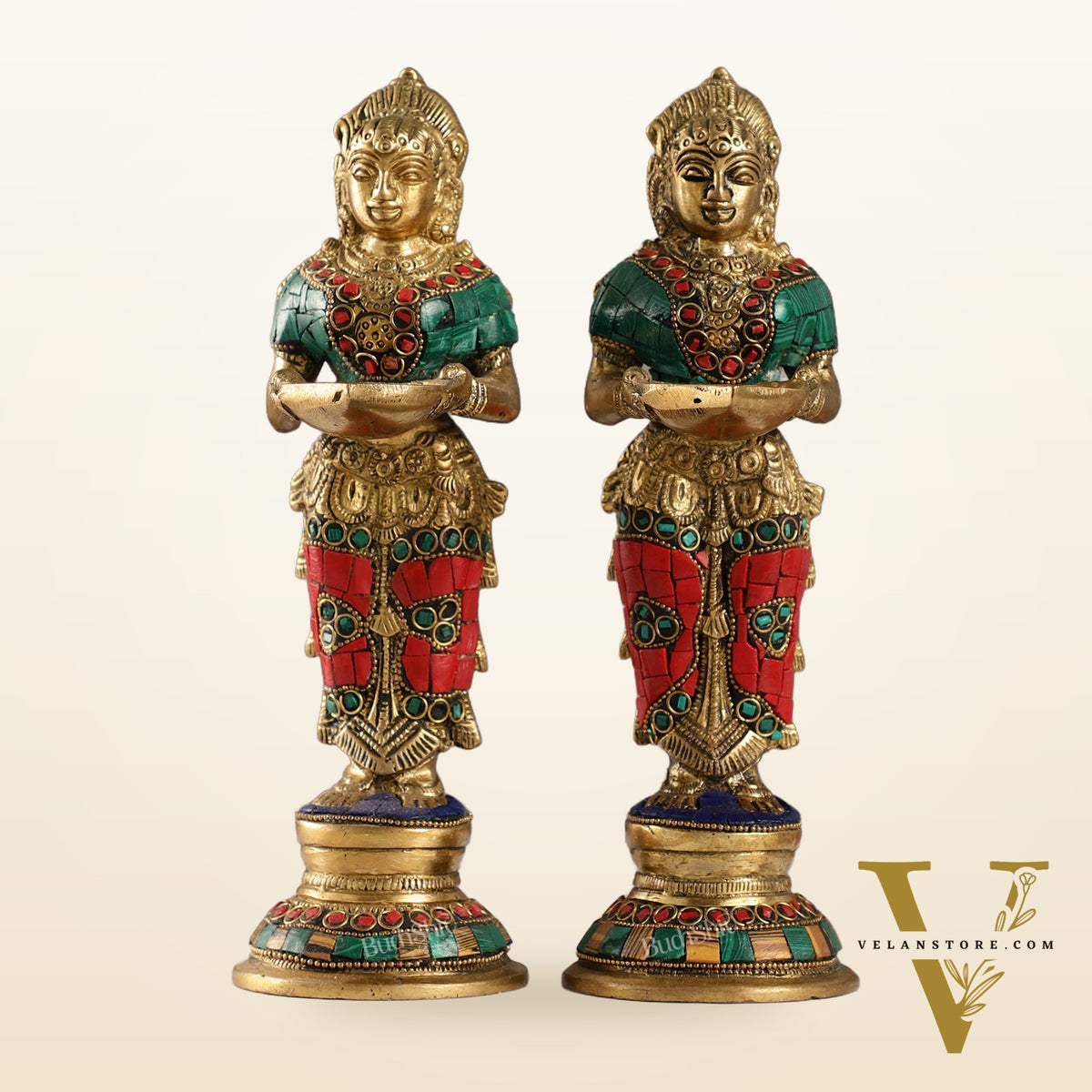 Brass Deep lakshmi/ Brass Deep Lady/ Brass Pavaai vilakku 9" Stonework