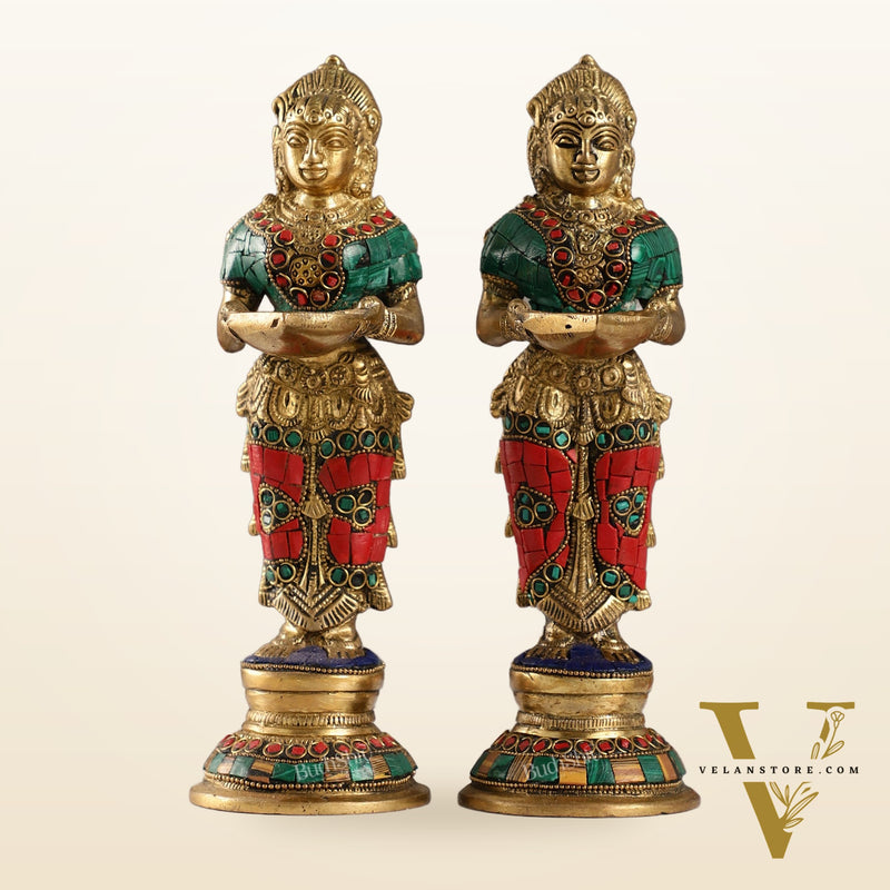 Brass Deep lakshmi/ Brass Deep Lady/ Brass Pavaai vilakku 9" Stonework