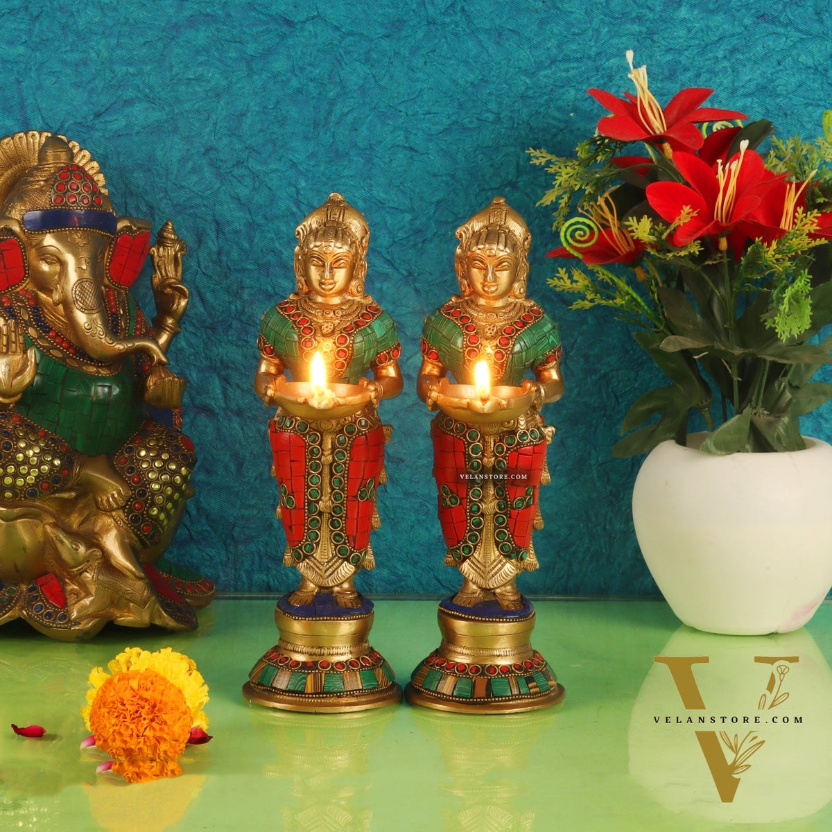 Brass Deep lakshmi/ Brass Deep Lady/ Brass Pavaai vilakku 9" Stonework