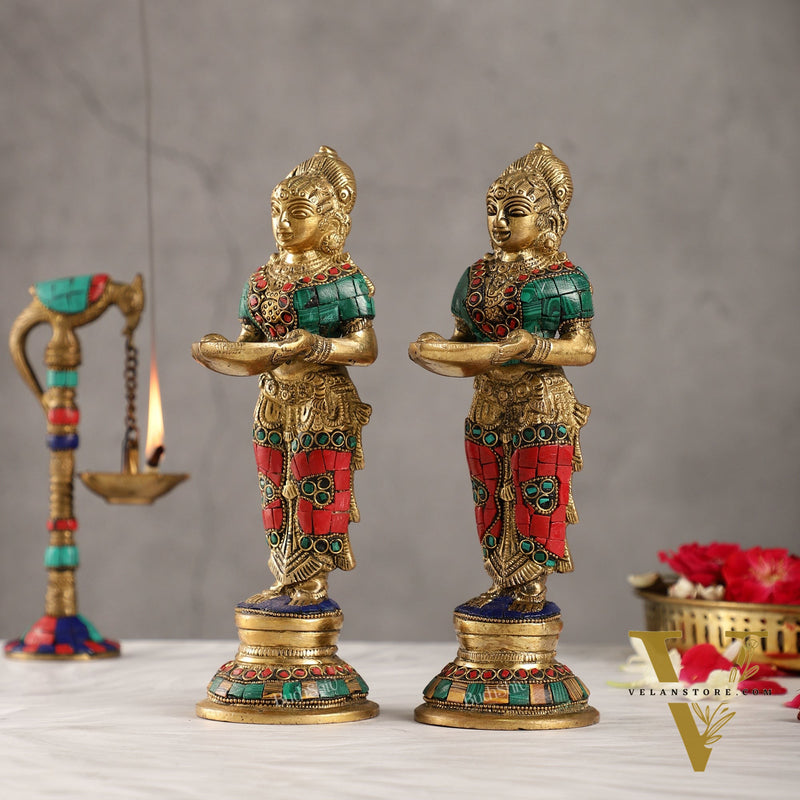 Brass Deep lakshmi/ Brass Deep Lady/ Brass Pavaai vilakku 9" Stonework