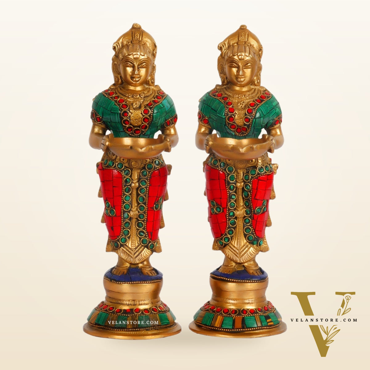 Brass Deep lakshmi/ Brass Deep Lady/ Brass Pavaai vilakku 9" Stonework