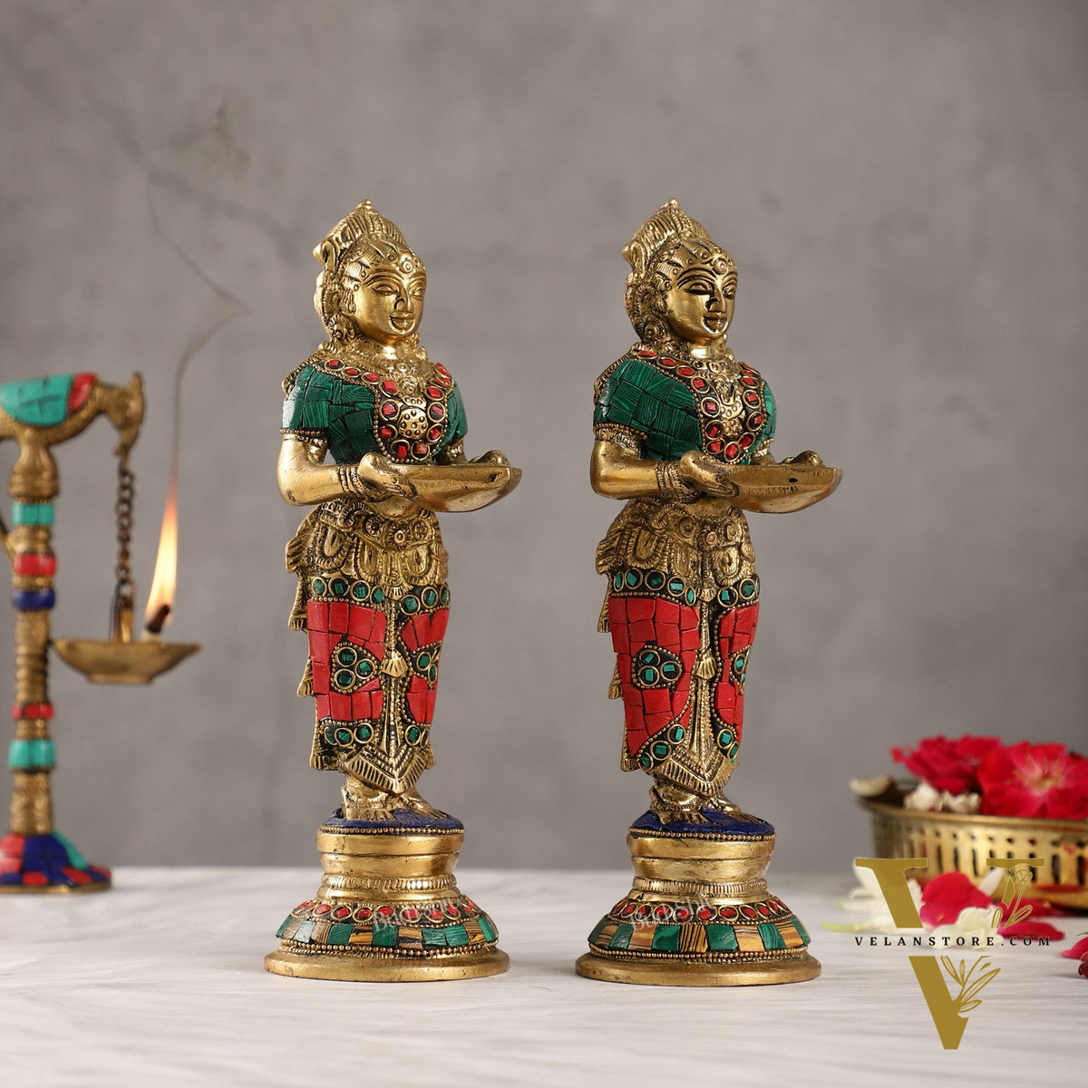 Brass Deep lakshmi/ Brass Deep Lady/ Brass Pavaai vilakku 9" Stonework