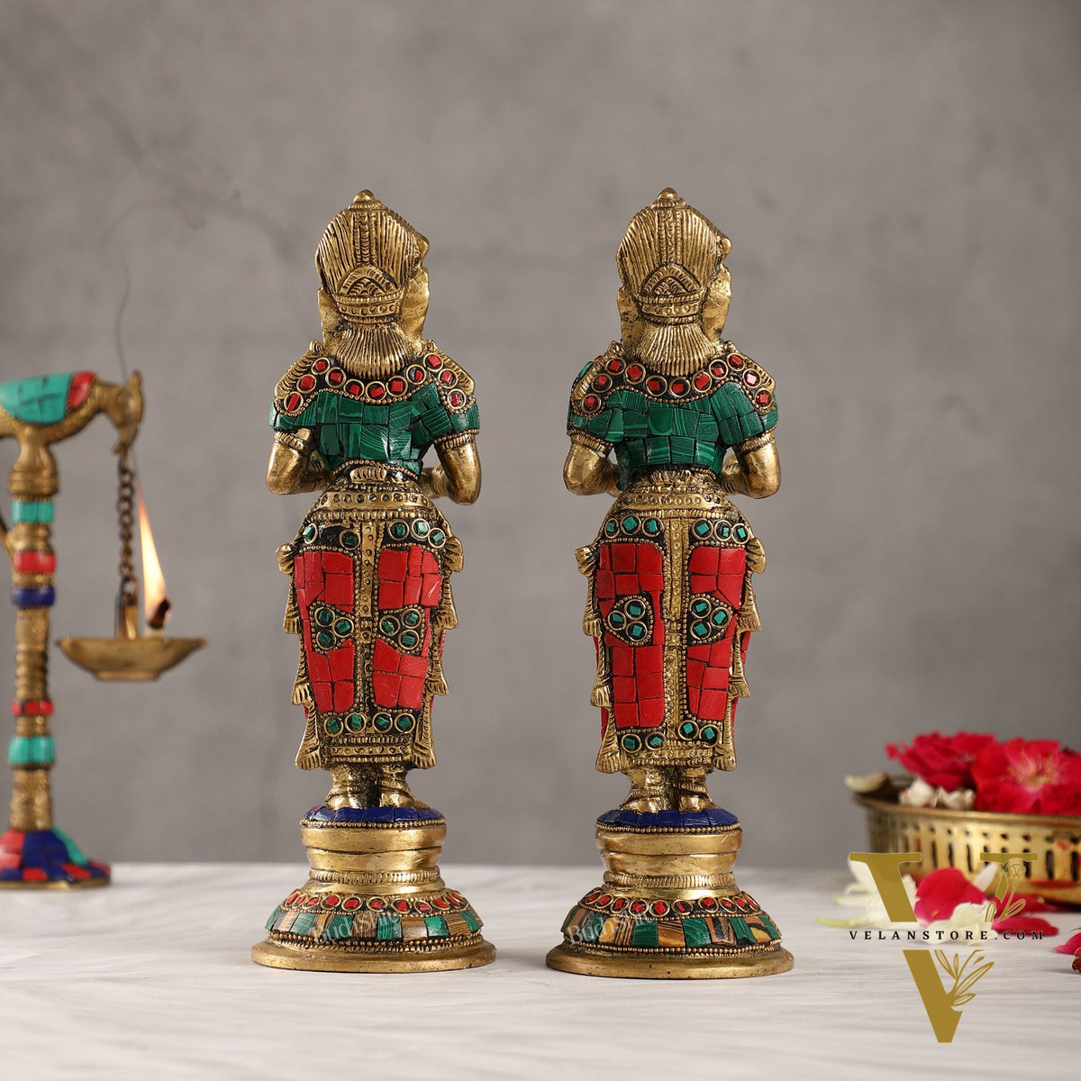 Brass Deep lakshmi/ Brass Deep Lady/ Brass Pavaai vilakku 9" Stonework