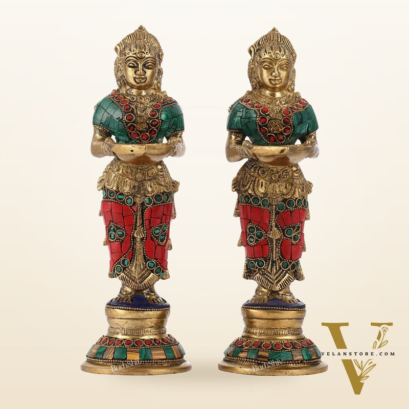 Brass Deep lakshmi/ Brass Deep Lady/ Brass Pavaai vilakku 9" Stonework