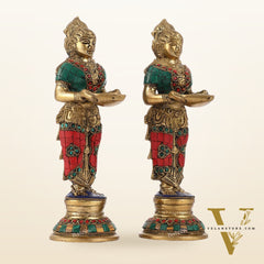 Brass Deep lakshmi/ Brass Deep Lady/ Brass Pavaai vilakku 9" Stonework