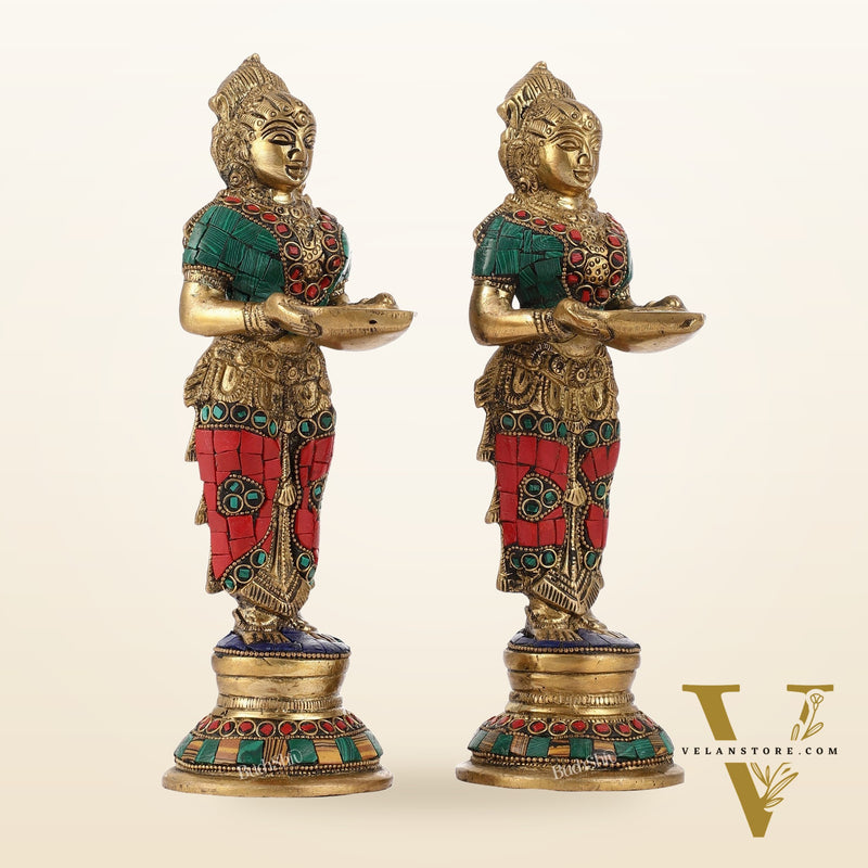 Brass Deep lakshmi/ Brass Deep Lady/ Brass Pavaai vilakku 9" Stonework