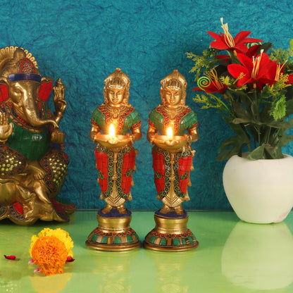 Brass Deep lakshmi/ Brass Deep Lady/ Brass Pavaai vilakku 9" Stonework