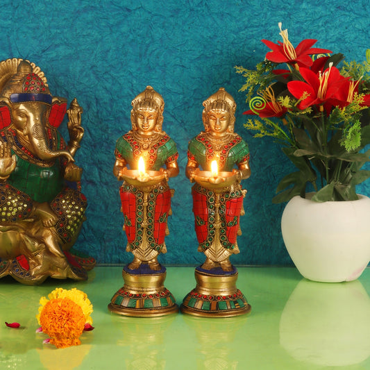 Brass Deep lakshmi/ Brass Deep Lady/ Brass Pavaai vilakku 9" Stonework