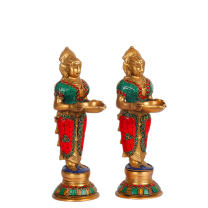 Brass Deep lakshmi/ Brass Deep Lady/ Brass Pavaai vilakku 9" Stonework