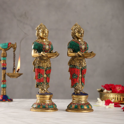 Brass Deep lakshmi/ Brass Deep Lady/ Brass Pavaai vilakku 9" Stonework