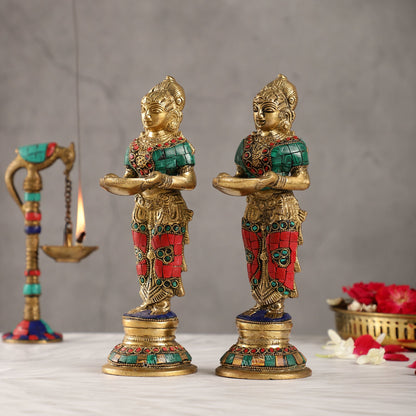 Brass Deep lakshmi/ Brass Deep Lady/ Brass Pavaai vilakku 9" Stonework