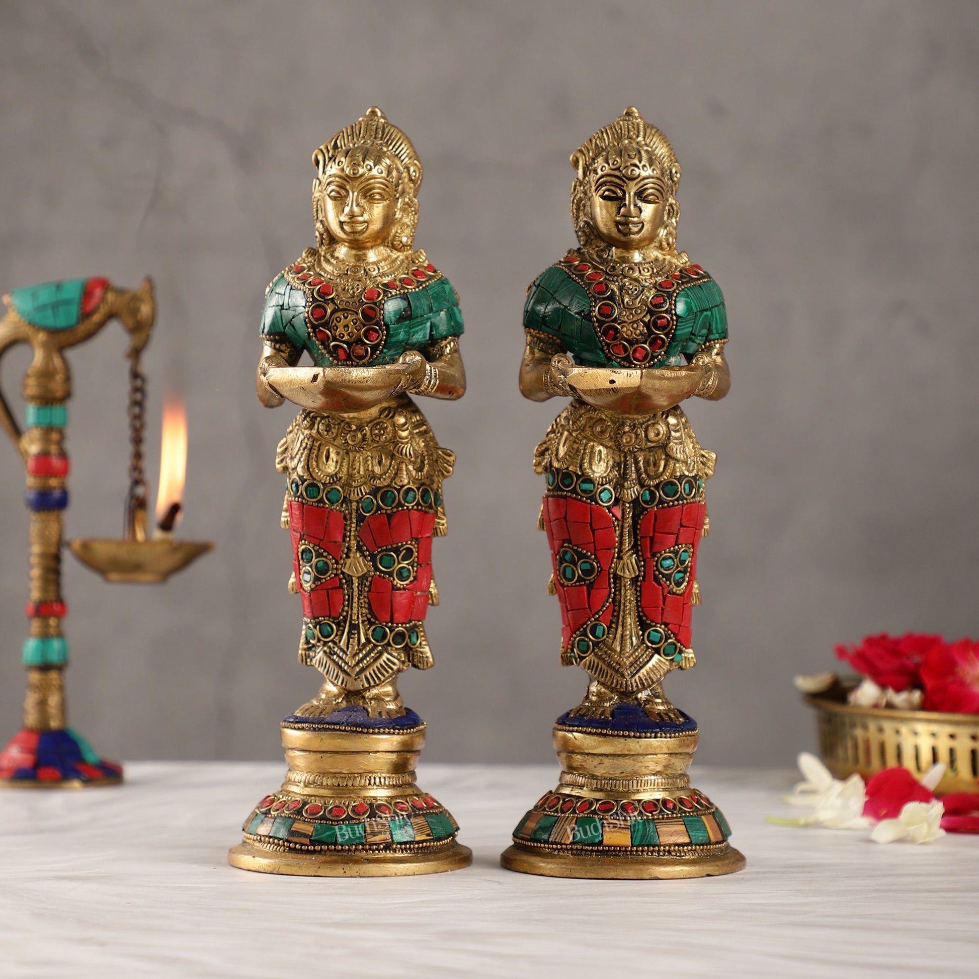 Brass Deep lakshmi/ Brass Deep Lady/ Brass Pavaai vilakku 9" Stonework