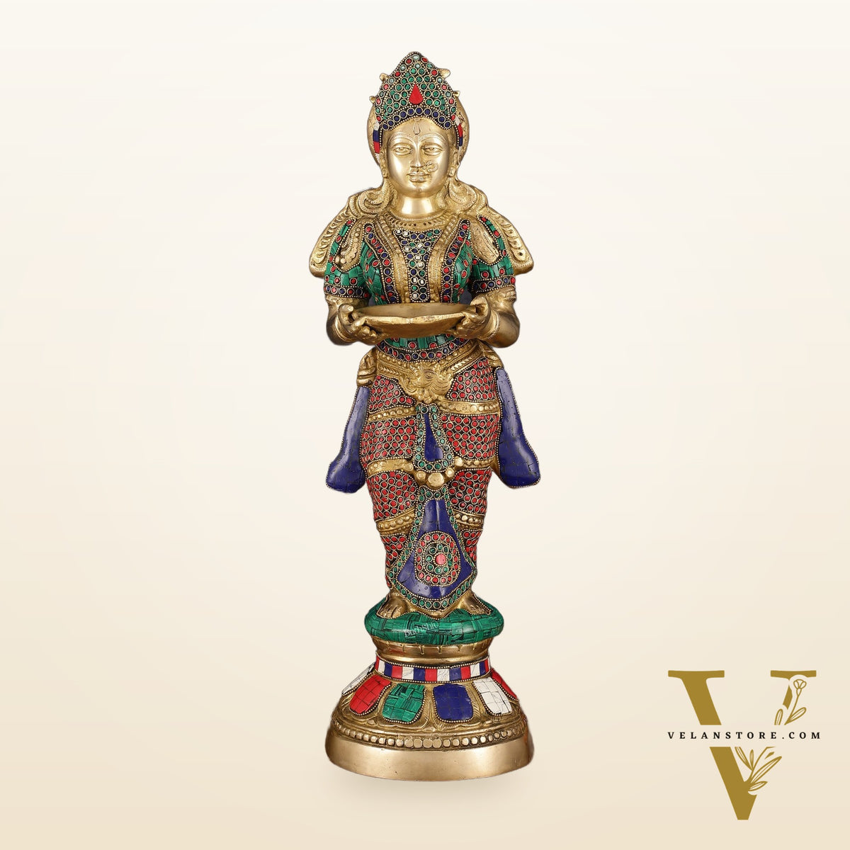 Brass Deep Lakshmi Pavaai Villaku with Intricate Stonework, 23" Height, 10 kgs