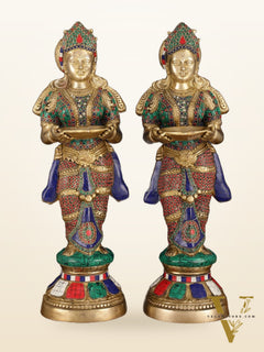 Brass Deep Lakshmi Pavaai Villaku with Intricate Stonework, 23" Height
