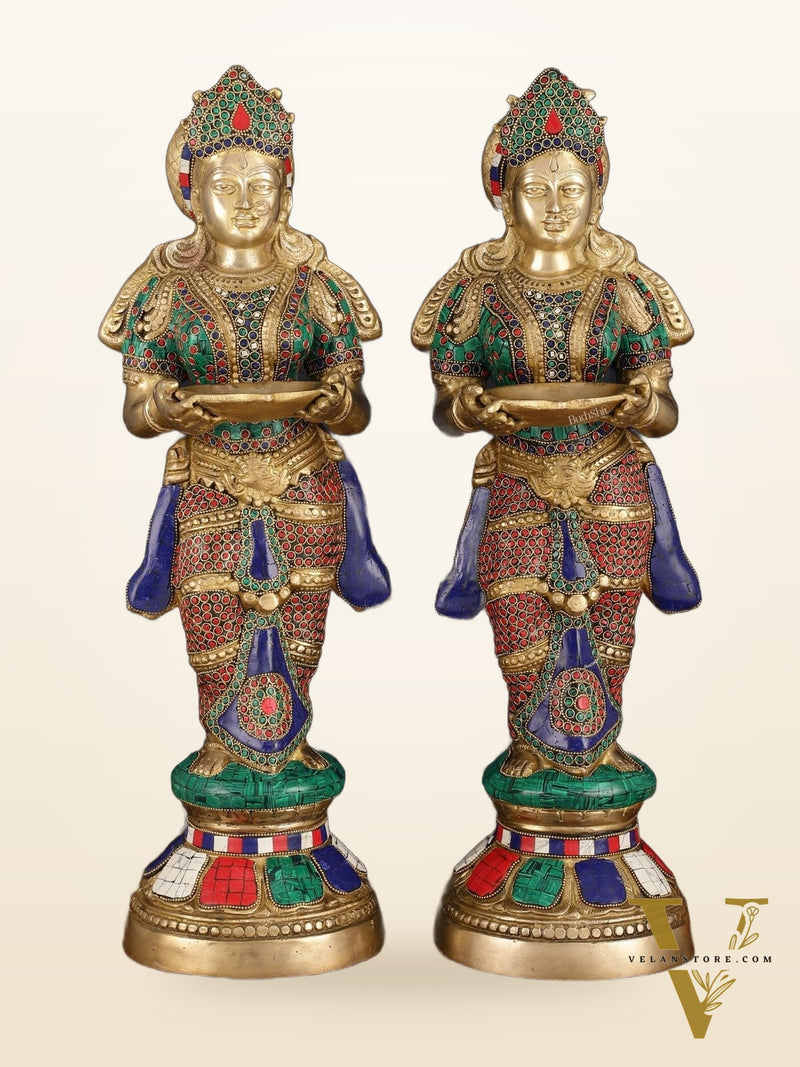 Brass Deep Lakshmi Pavaai Villaku with Intricate Stonework, 23" Height