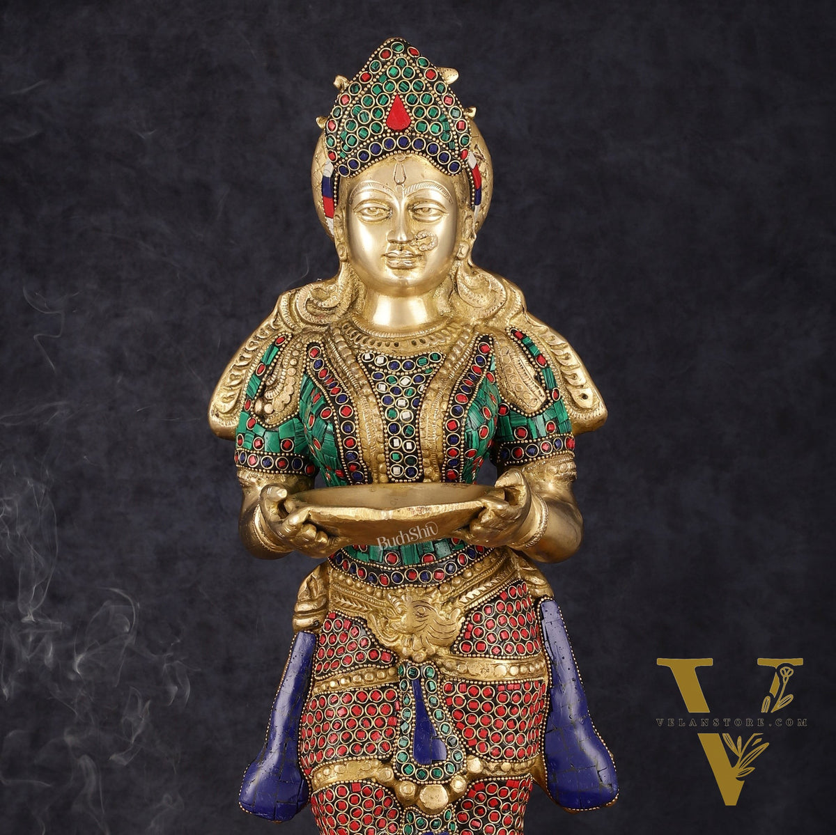 Brass Deep Lakshmi Pavaai Villaku with Intricate Stonework, 23" Height, 10 kgs