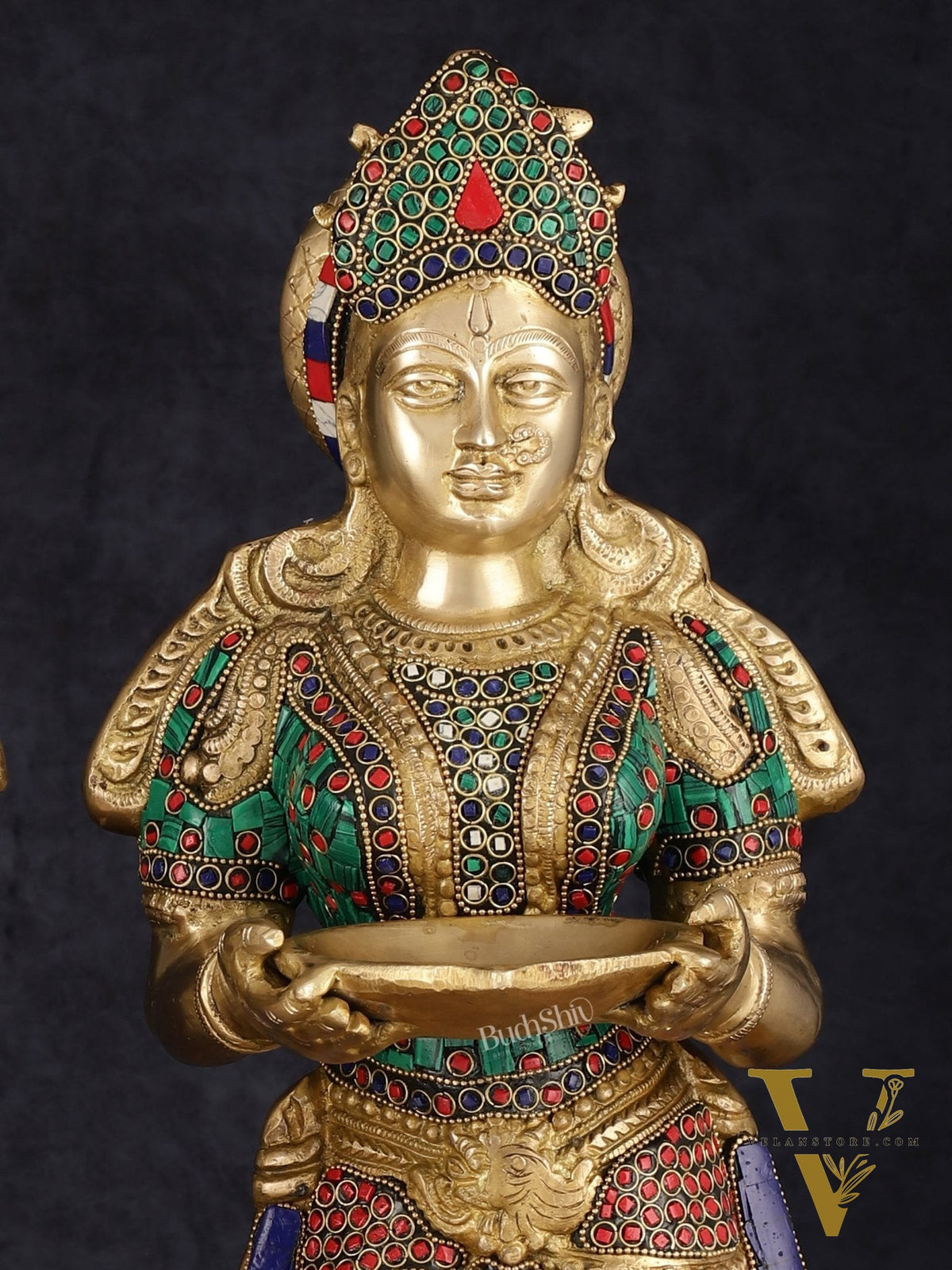 Brass Deep Lakshmi Pavaai Villaku with Intricate Stonework, 23" Height