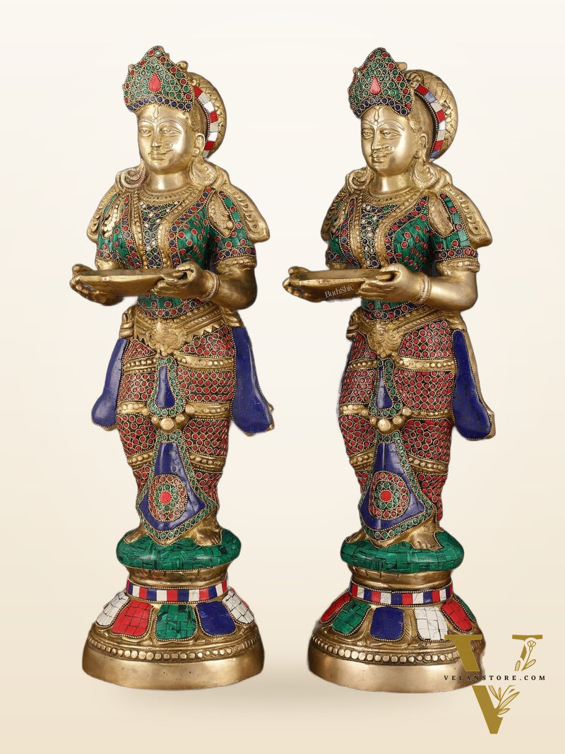 Brass Deep Lakshmi Pavaai Villaku with Intricate Stonework, 23" Height